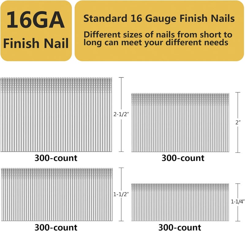 SimCos 16 Gauge Straight Finish Nails,1-1/4", 1-1/2", 2", 2-1/2", Assorted Size Project Pack for Pneumatic, Electric Finish Nailer or Nail Gun (Galvanized steel) - Image 2